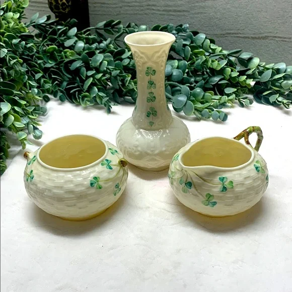 Vintage Belleek Ireland porcelain cream green shamrock vase cream & sugar set.